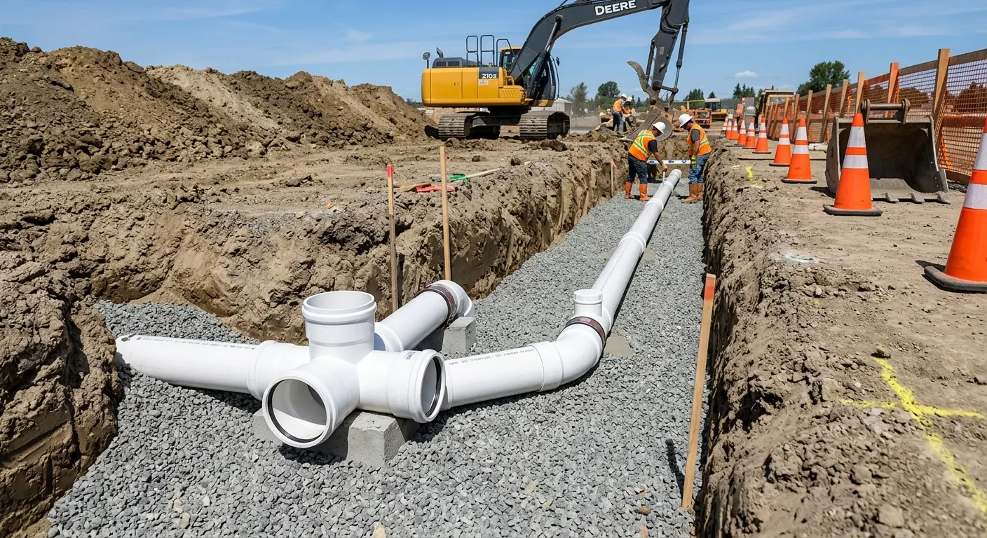 New PVC sewer pipe installation in open trench for Sewer Backup in Bogota