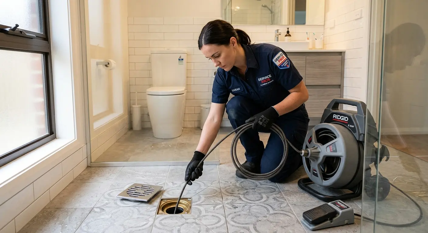 Technician clearing a bathroom floor drain for Drain Cleaning in Bogota